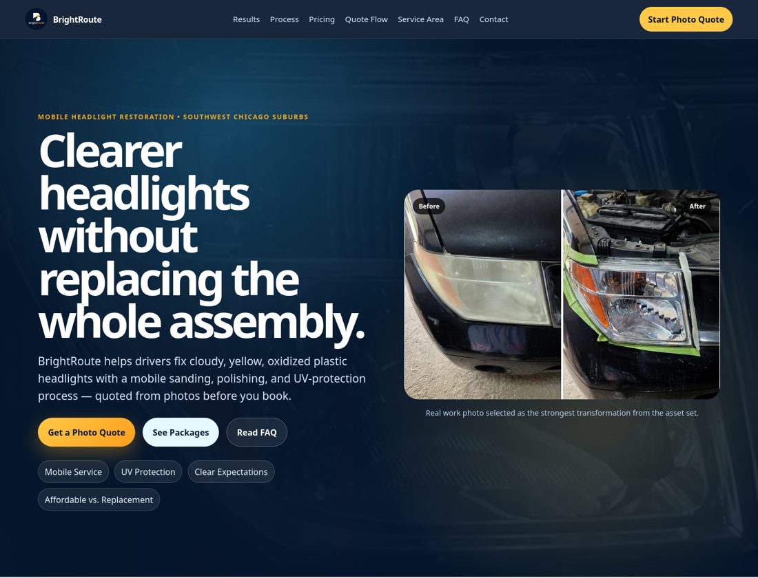 Screenshot of the BrightRoute Auto headlight restoration website homepage