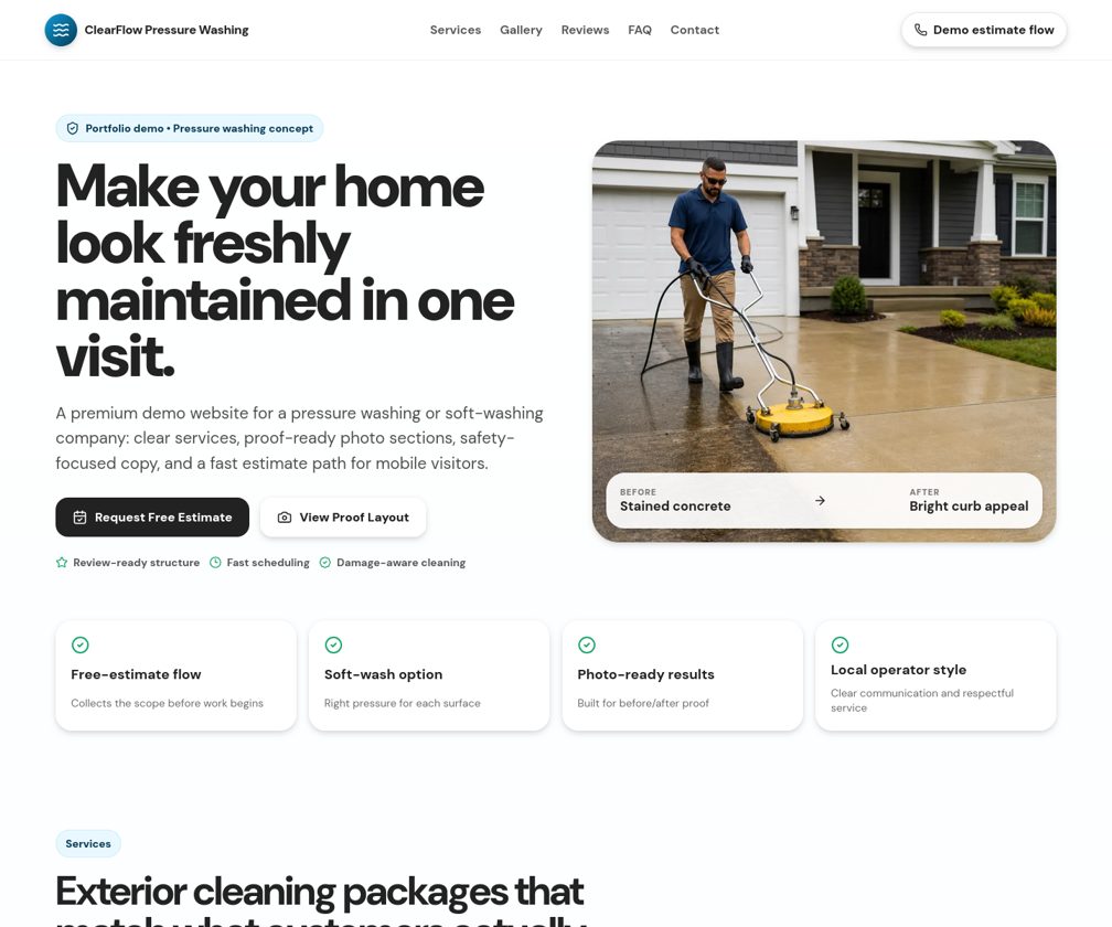 Screenshot of the ClearFlow Pressure Washing demo website homepage