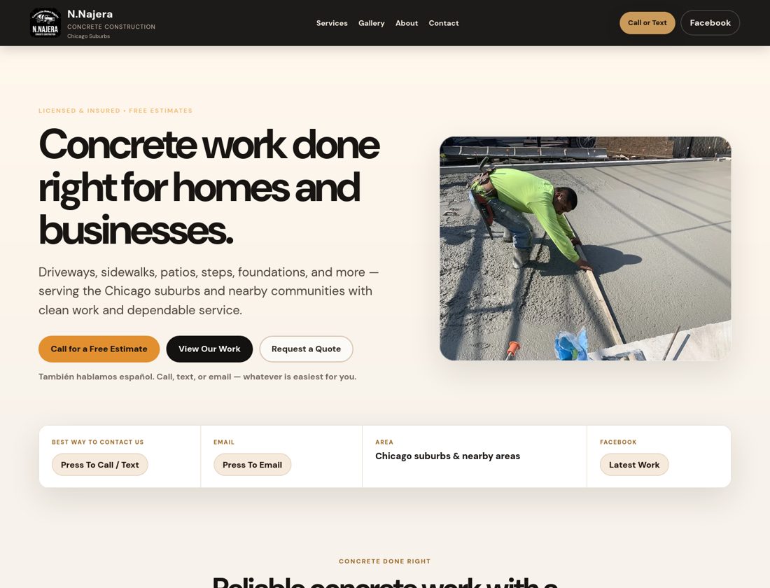 Screenshot of the N. Najera Concrete Construction website homepage
